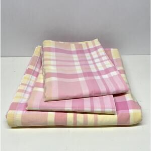 Pottery Barn Kids Flat Sheet with 2 Pillow Cases Pink Plaid Full Size